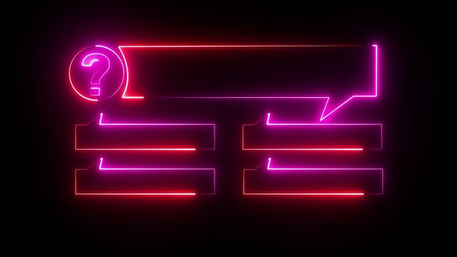 Quiz Neon Line Animation with option selection on black background ,Quiz template challenge with option selection, Neon Line Animation on empty background for quiz and competition