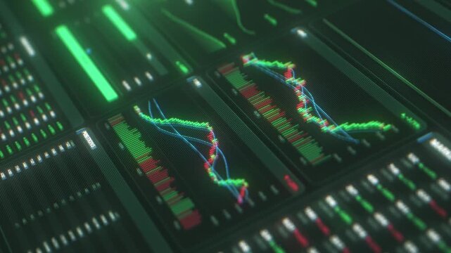 Trading terminal interface with a cryptocurrency candlestick charts, market board quotes and heatmap panels. Close up of a crypto and stock exchange dashboard with green and red price data