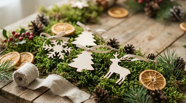 Eco-friendly Christmas banner with wooden ornaments on moss. Sustainable holiday decor featuring natural pinecones, greenery, and rustic textures f...