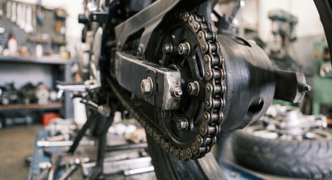 Rear motorcycle sprocket, chain, axle hardware, and swingarm in close detail, photographed with clear materials, realistic texture, and precise mechanical detail.