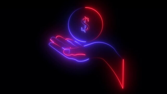 Glowing neon dollar hand icon for money, finance, investment, and salary on a black background.