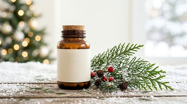 Vitamin bottle with blank label for Christmas. Winter health supplement and immunity concept.