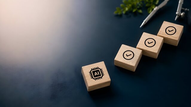 Artificial intelligence compliance process featuring wooden blocks with AI chip checkmarks and drafting compass representing technology evaluation