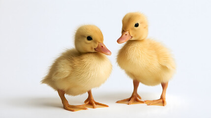 Naklejka premium Two Little Ducklings: Two fluffy yellow ducklings, with their innocent eyes and small beaks, stand side-by-side, ready to explore the world together.