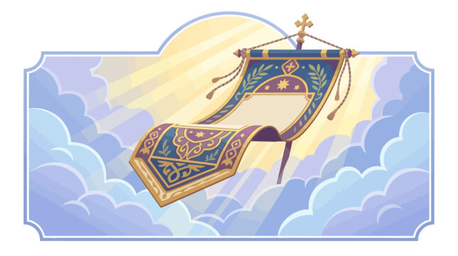 Ornate Ceremonial Banner with Golden Patterns Floating in Heavenly Cloudy Sky
