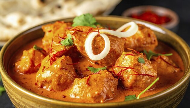 A close-up view of creamy butter chicken, a popular Indian dish, garnished with fresh cilantro and onion rings, ready to be served with naan, AI generated