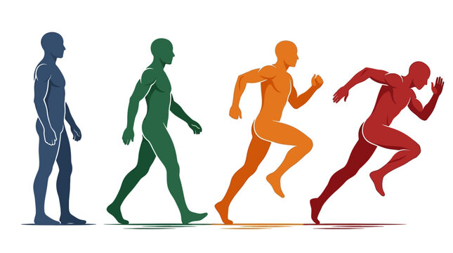Human evolution of movement vector. Colorful man silhouettes walking and running icons.