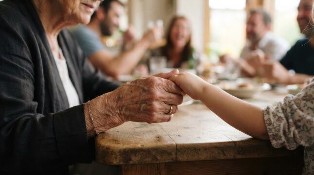 Elderly Woman Holding Hands with Young Child at Family Gathering