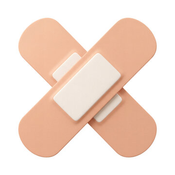 Isolated three dimensional rendering of two cross shape skin colored medical adhesive bandages with white absorbent pads for first aid protection healing on transparent background