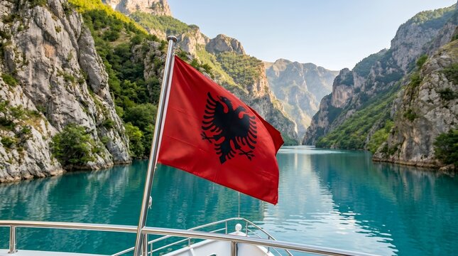 Scenic Boat Journey Through Albanian Alps with National Flag Displayed
