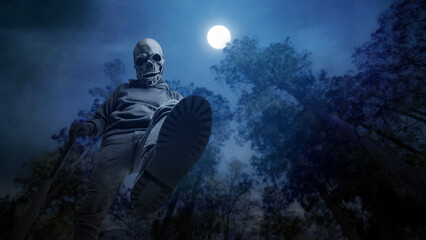 Naklejka premium A low-angle shot of an aggressive person wearing a skull mask and a hoodie, lifting their boot as if to stomp, set against a dark forest scene under a full moon at night. Concept of Halloween