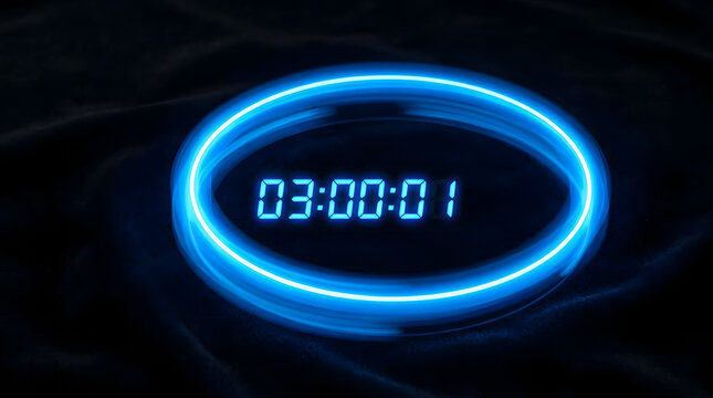 Glowing blue digital clock timer showing three hours one minute on circular neon ring.