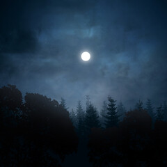 Obraz premium A bright full moon shines through cloudy night skies over a silhouetted pine forest, creating a dark, mysterious atmosphere. Halloween background