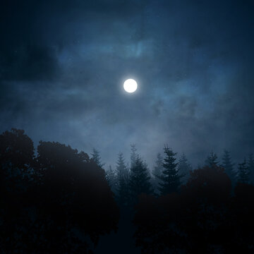 A bright full moon shines through cloudy night skies over a silhouetted pine forest, creating a dark, mysterious atmosphere. Halloween background