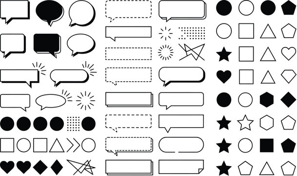 Graphic collection featuring diverse speech bubbles geometric shapes symbols and decorative design elements for minimalist layouts with comprehensive set monochromatic