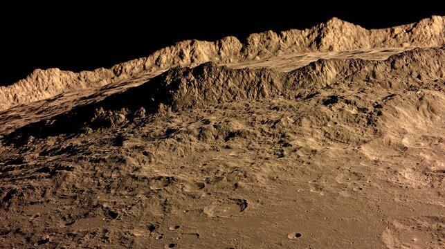 crater. Extreme close-up view of the lunar surface showing detailed craters against a dark cosmic backdrop. STEM education sheets.