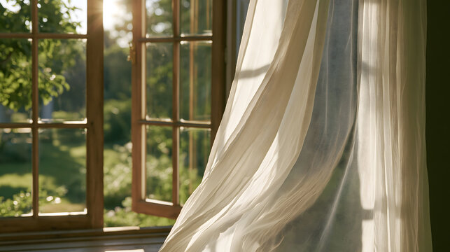 Sunlit Room with Open Window and Blowing Curtain: A gentle breeze rustles the sheer curtain by an open wooden window, revealing a lush green garden bathed in the warm, golden light of the sun.