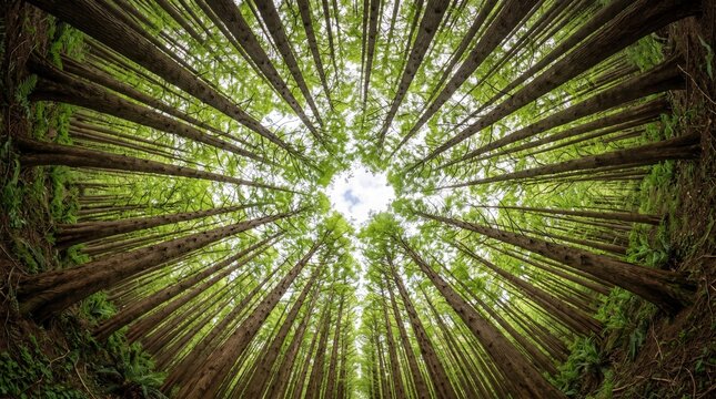 Collection of premium forest canopy landscape photographs captured from unique ground-up perspectives, showcasing towering redwood forests, ancient oak trees, giant sequoias, dense bamboo forests, tro