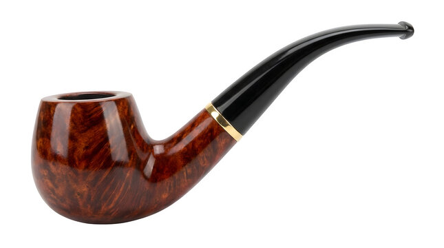 Polished wooden smoking pipe with a curved black stem and gold band on transparent background