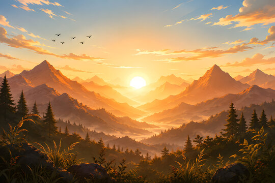 Stunning sunrise over misty mountain range with golden sky and forest backdrop