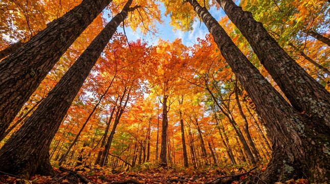 Collection of premium forest canopy landscape photographs captured from unique ground-up perspectives, showcasing towering redwood forests, ancient oak trees, giant sequoias, dense bamboo forests, tro
