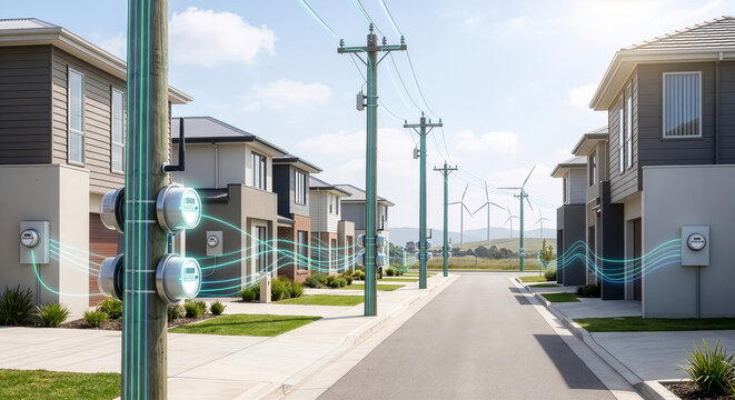 スマートメーターと電柱のネットワークで結ばれた次世代住宅街のイメージ。風力発電からのクリーンエネルギーを地域で効率的に融通し合うスマートグリッドと脱炭素社会のコンセプト背景素材