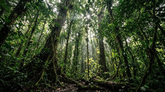 Collection of premium forest canopy landscape photographs captured from unique ground-up perspectives, showcasing towering redwood forests, ancient oak trees, giant sequoias, dense bamboo forests, tro