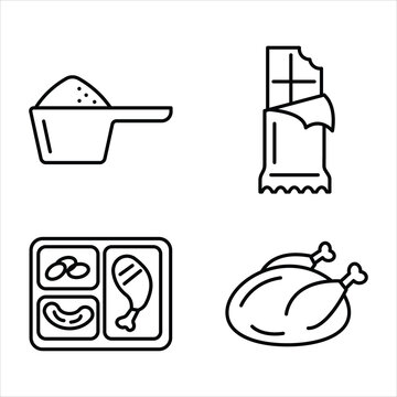 Vector illustration of food icons set with protein powder, chocolate bar, tray, and roast chicken.