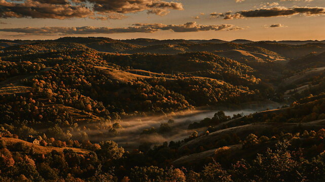 Cinematic landscape of rolling hills covered in autumn forests during golden hour