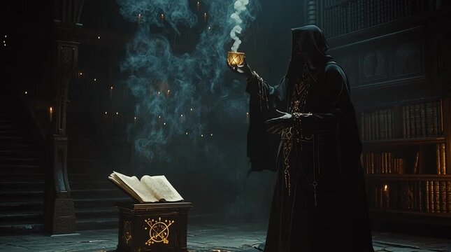 光る魔法陣と魔導書の前で聖杯を掲げ魔術の儀式を行う黒ローブの魔術師