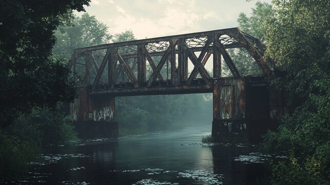 Rusty bridge over misty river in forest; game background
