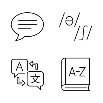 Modern line style icon set showing foreign language translation, dictionary, and speech.
