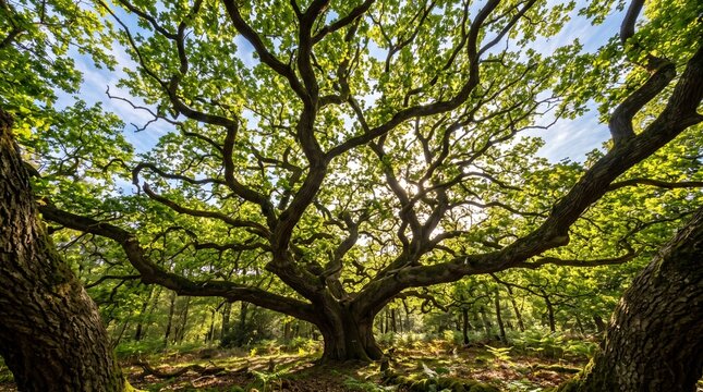 Collection of premium forest canopy landscape photographs captured from unique ground-up perspectives, showcasing towering redwood forests, ancient oak trees, giant sequoias, dense bamboo forests, tro