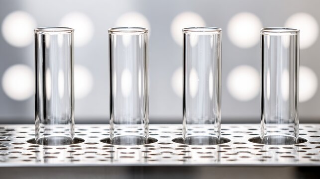 holder. A close-up of test tubes arranged neatly in a holder, showcasing a clean and scientific aesthetic. STEM education sheets, lab safety posters, designed for biotech research communications.