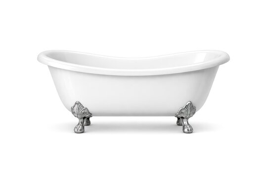 Elegant white clawfoot bathtub with ornate silver legs on display.
