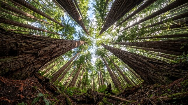 Collection of premium forest canopy landscape photographs captured from unique ground-up perspectives, showcasing towering redwood forests, ancient oak trees, giant sequoias, dense bamboo forests, tro