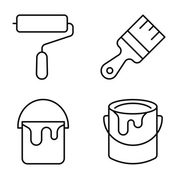 Collection of simple vector outline icons for painting tools, including brushes, rollers, and pots.