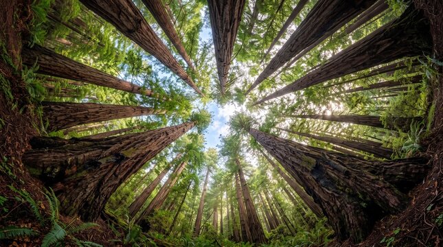 Collection of premium forest canopy landscape photographs captured from unique ground-up perspectives, showcasing towering redwood forests, ancient oak trees, giant sequoias, dense bamboo forests, tro