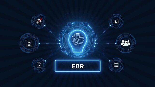 Endpoint detection and response edr cyber security graphic loop with glowing biometric fingerprint icon on dark technology background