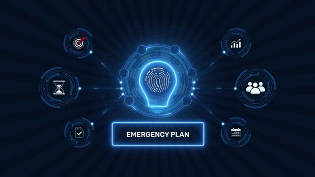 Corporate emergency plan and crisis management graphic loop with glowing biometric fingerprint icon on dark technology background asset