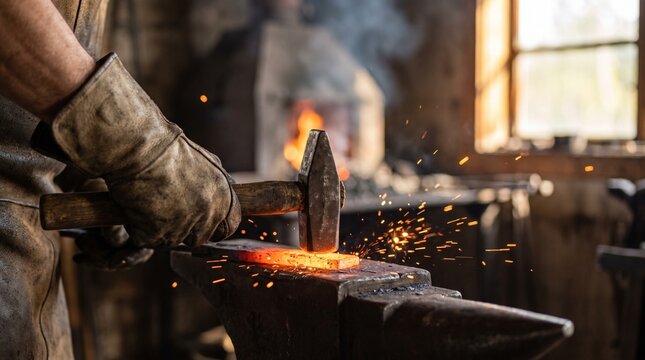 Skilled blacksmith forging glowing iron on anvil with hammer in a rustic forge with sparks flying