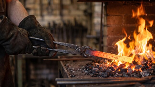Blacksmith working with glowing red hot steel bar over open fire in forge