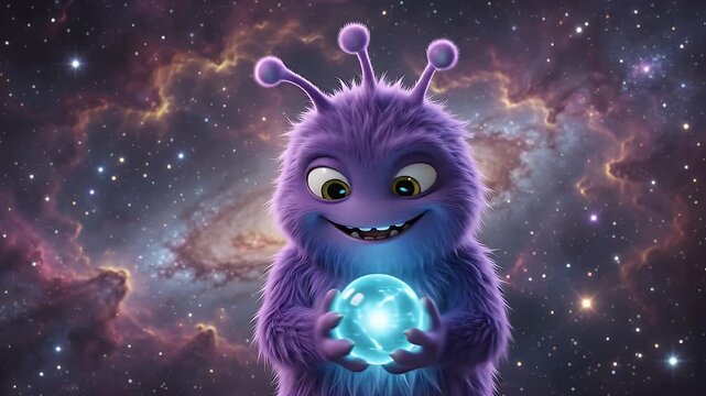 Cute furry purple alien monster holding glowing orb in starry galaxy nebula background, cartoon character