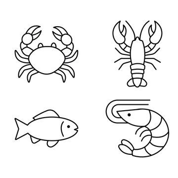 Seafood vector line icon collection showing a crab, a lobster, a small fish, and a shrimp.