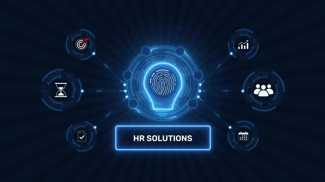 Human resources hr solutions and talent management graphic loop with glowing biometric fingerprint icon on dark technology background