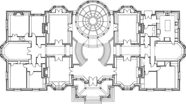 Architectural floor plan of a luxury mansion with a central circular rotunda and grand staircase