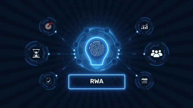 Real world assets rwa blockchain technology graphic loop with glowing biometric fingerprint icon on dark technology background asset
