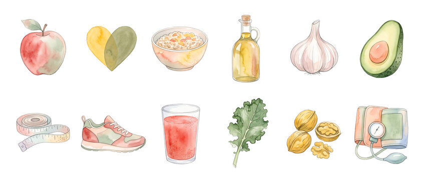 Healthy lifestyle watercolor food clip art set isolated on black featuring apple avocado oatmeal olive oil garlic sneaker kale walnuts blood pressure monitor for heart wellness and fitness design