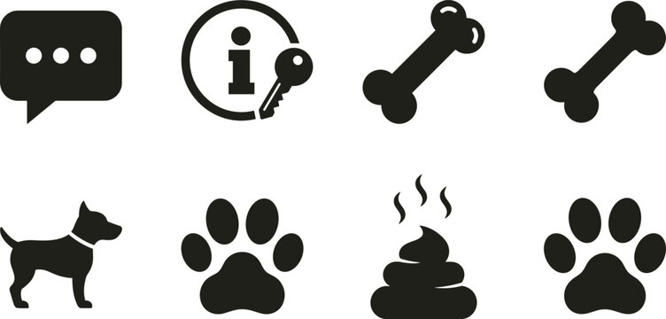 Pet care black vector icon set featuring speech bubble, info key, dog bone, dog silhouette, paw print, and poop symbols.