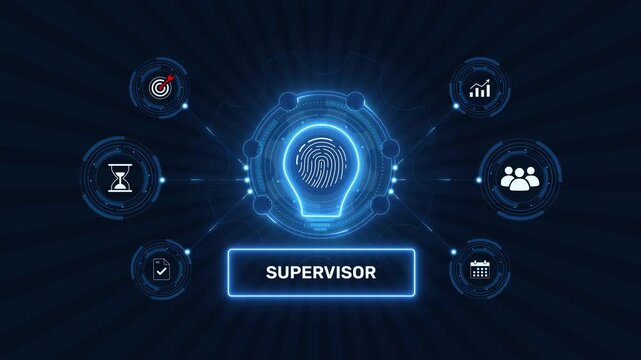 Corporate supervisor role and workforce management concept graphic loop with glowing biometric fingerprint icon on dark technology background